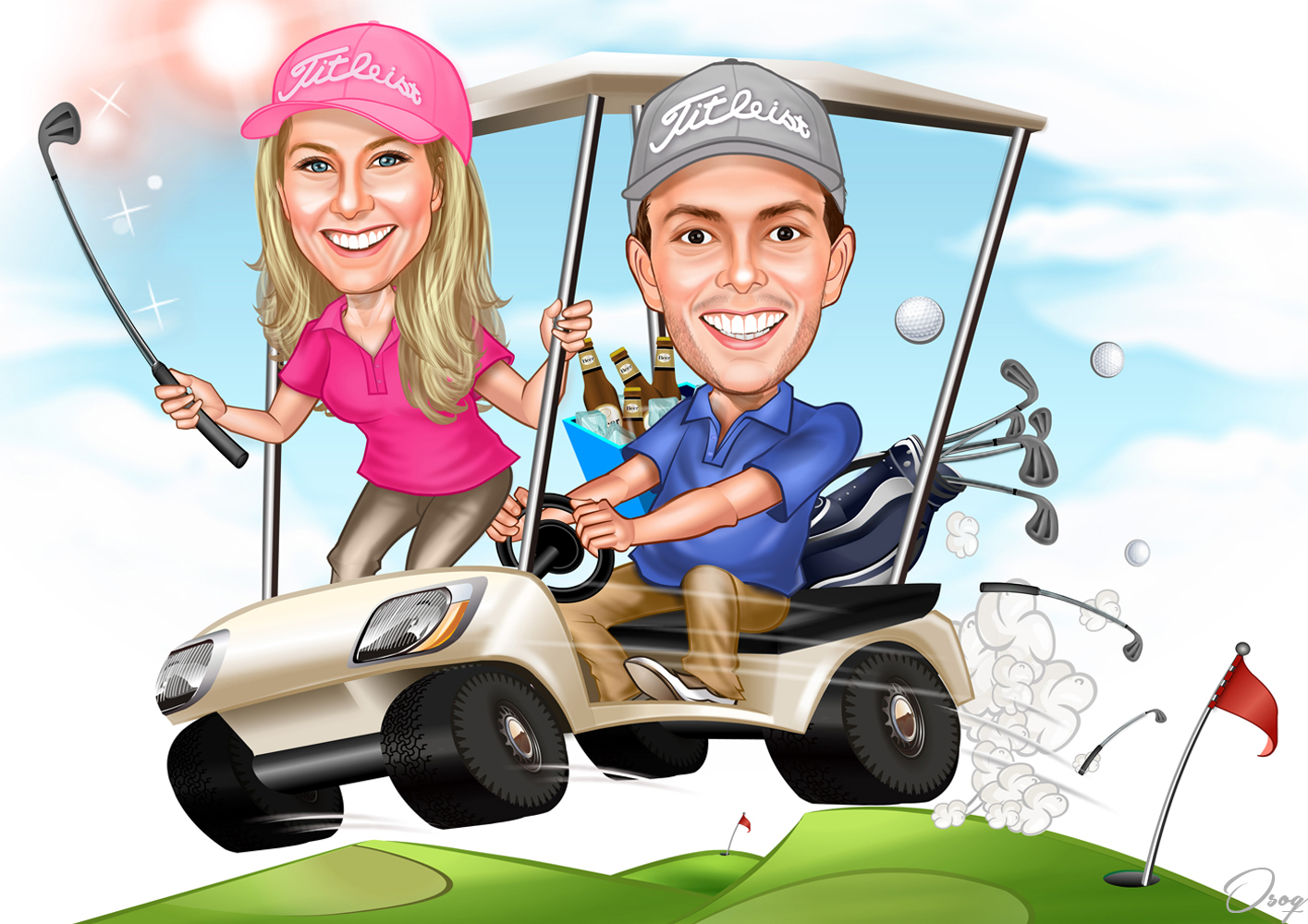 Cartoon Couple Golf Cart