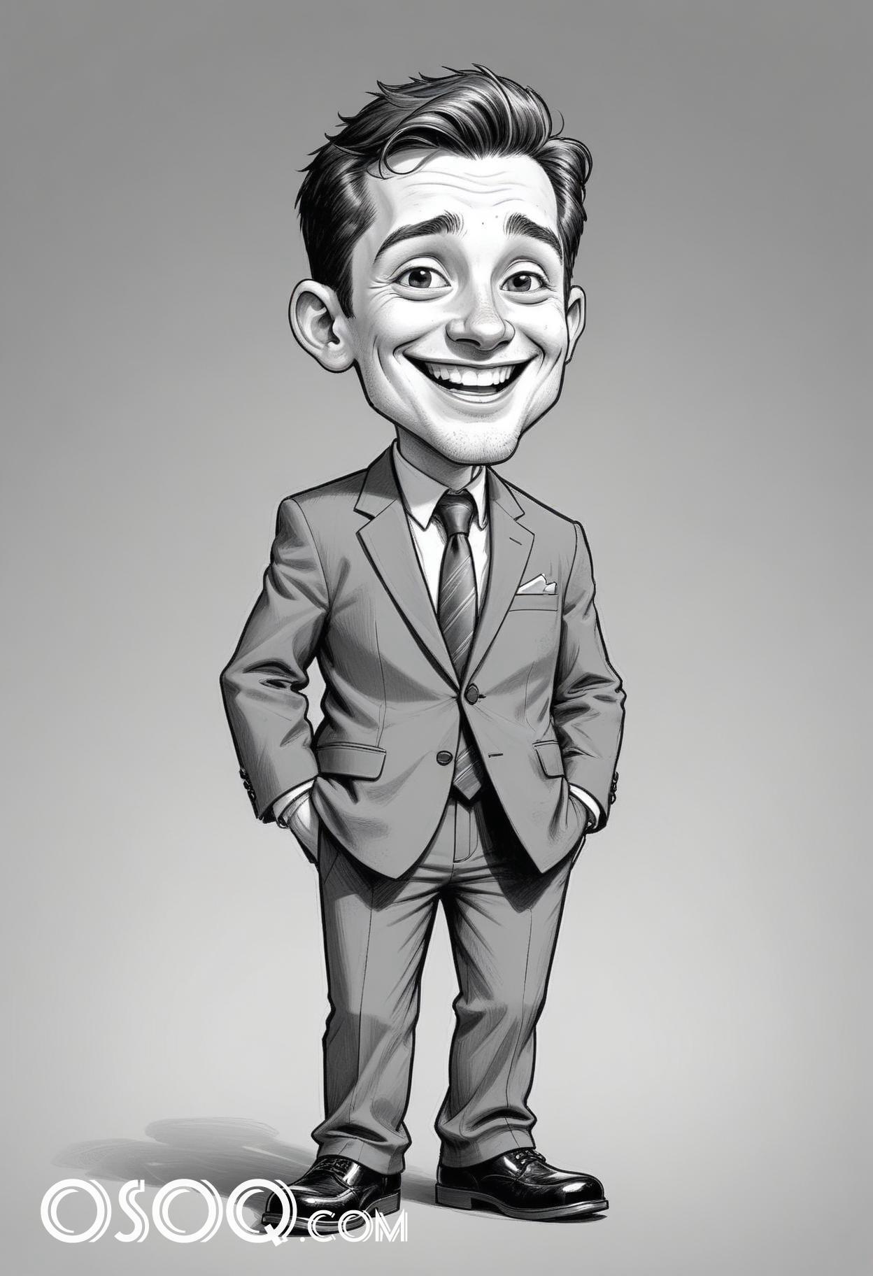 Black and white business cartoon caricature drawing 01