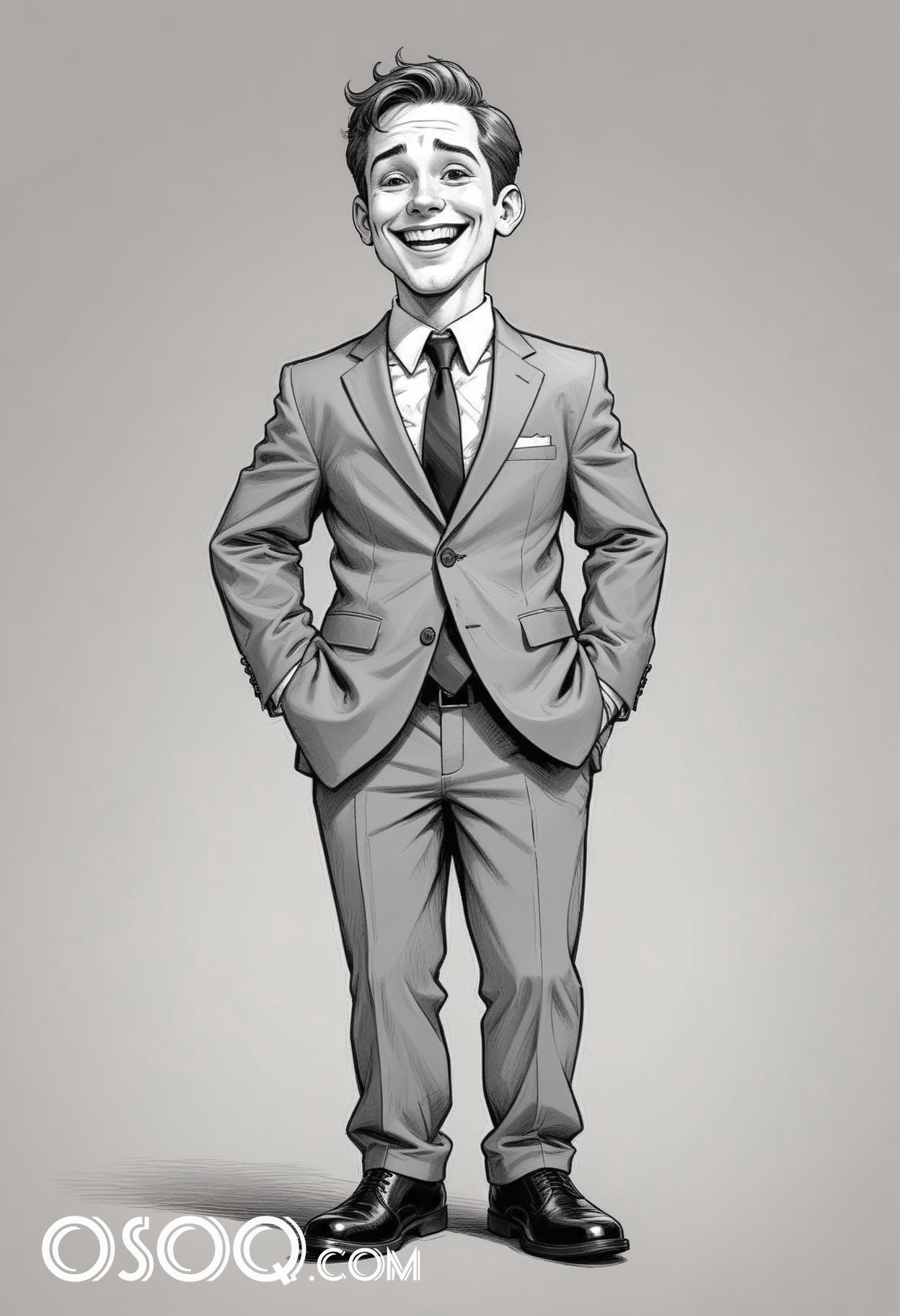 Black and white business cartoon caricature drawing 06