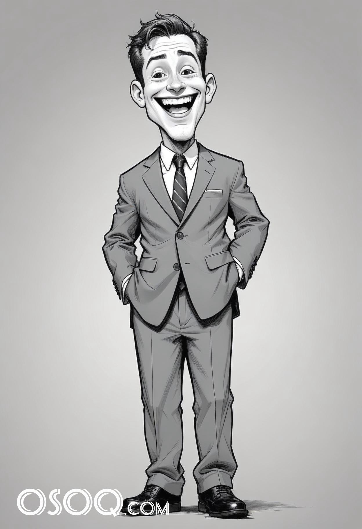 Black and white business cartoon caricature drawing 07