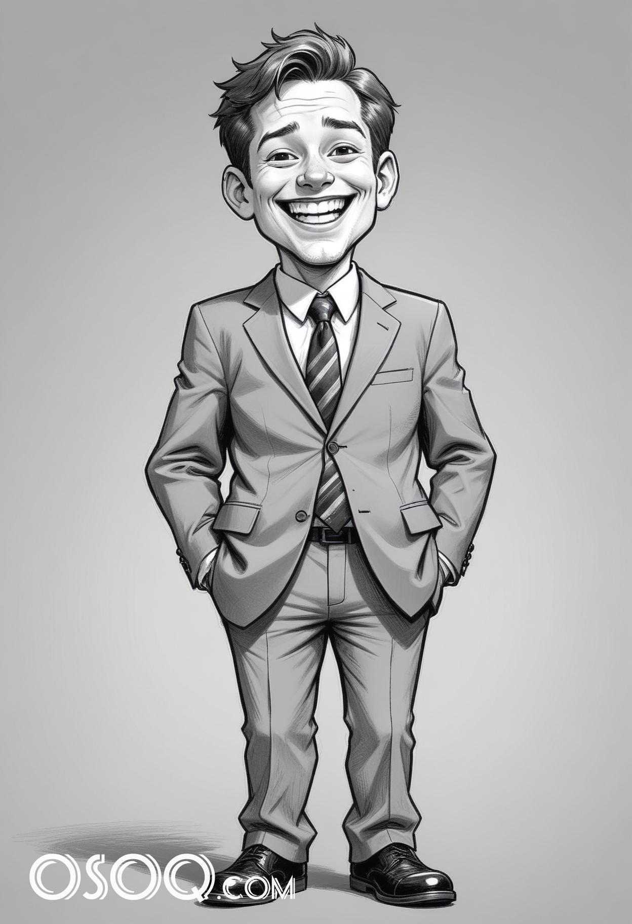 Black and white business cartoon caricature drawing 08