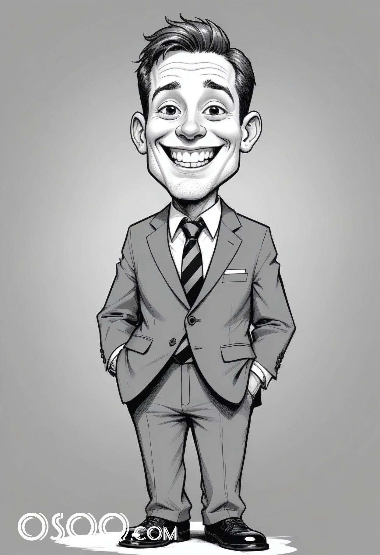 Black and white business cartoon caricature drawing 11