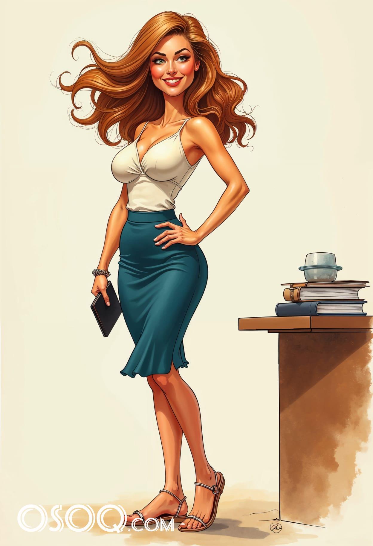 Office business girl cartoon portrait set 09