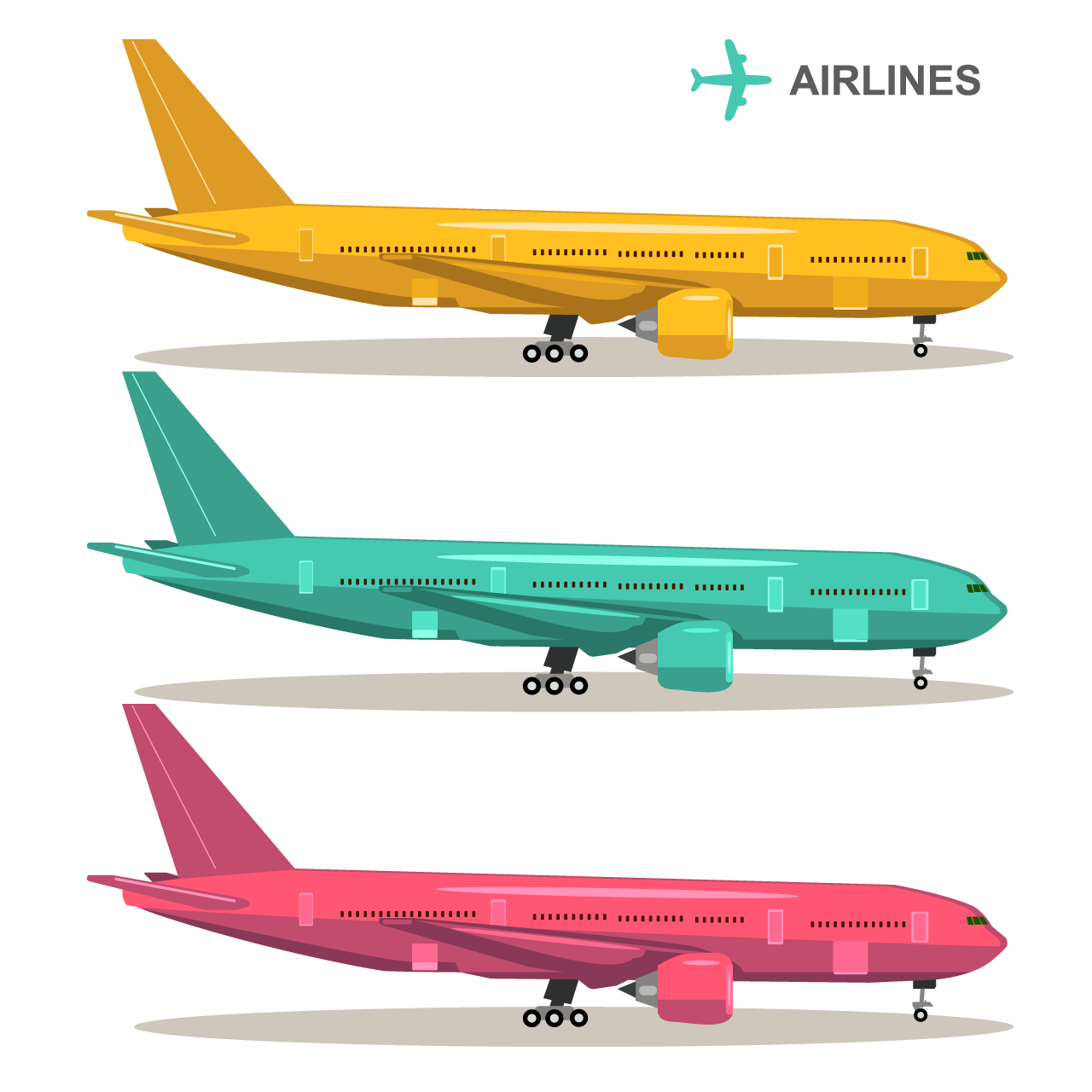 Airplanes set aviation illustrations flat style different colors jets collection