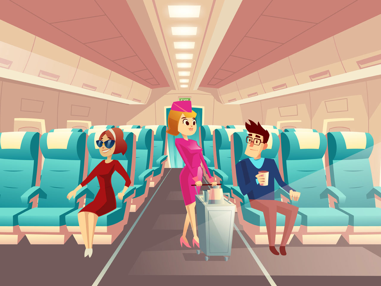 Cabin plane with stewardess passengers clipart