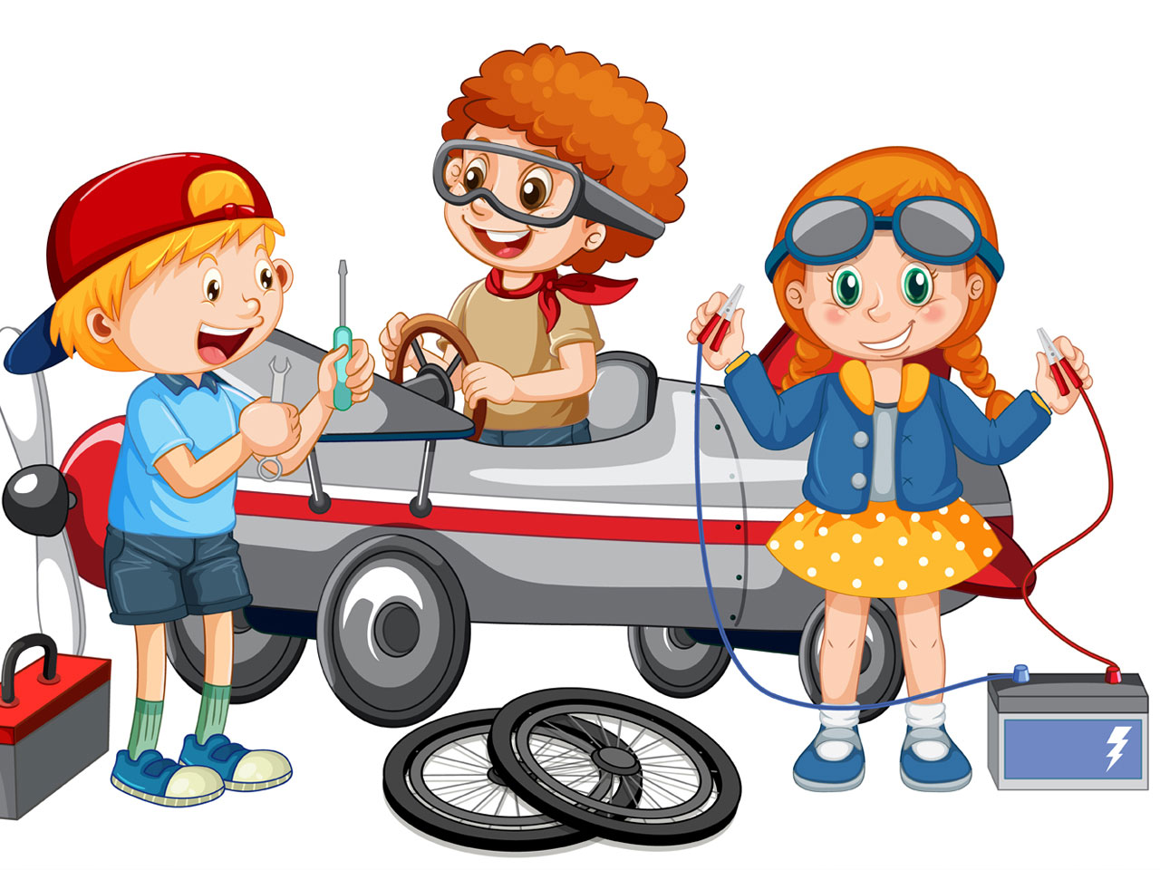Children repairing plane together clipart image