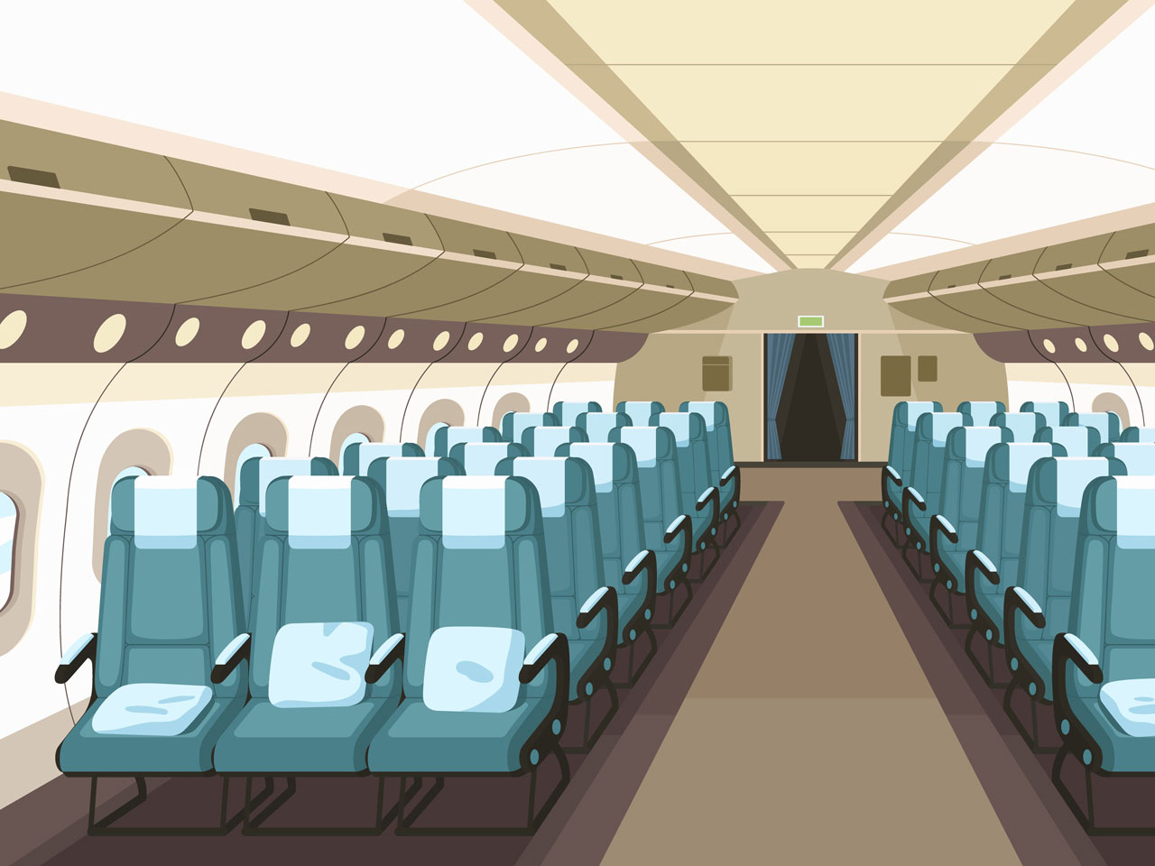 Front view aeroplane interior design with aisle reclining seats portholes empty aircraft cabin economy class inside modern plane colored flat illustration