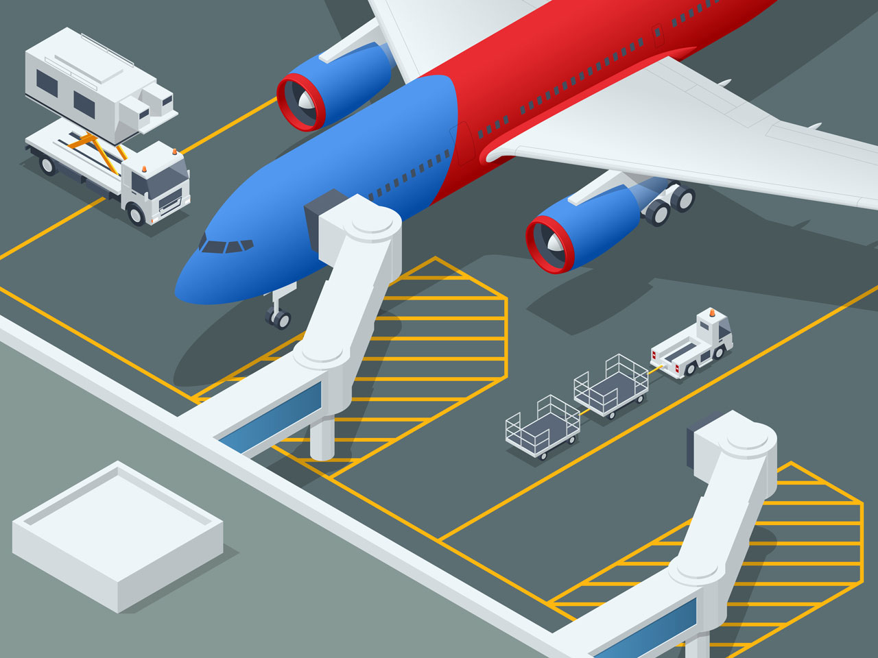 Isometric airport embarking aeroplane airbus air passengers during embarkation