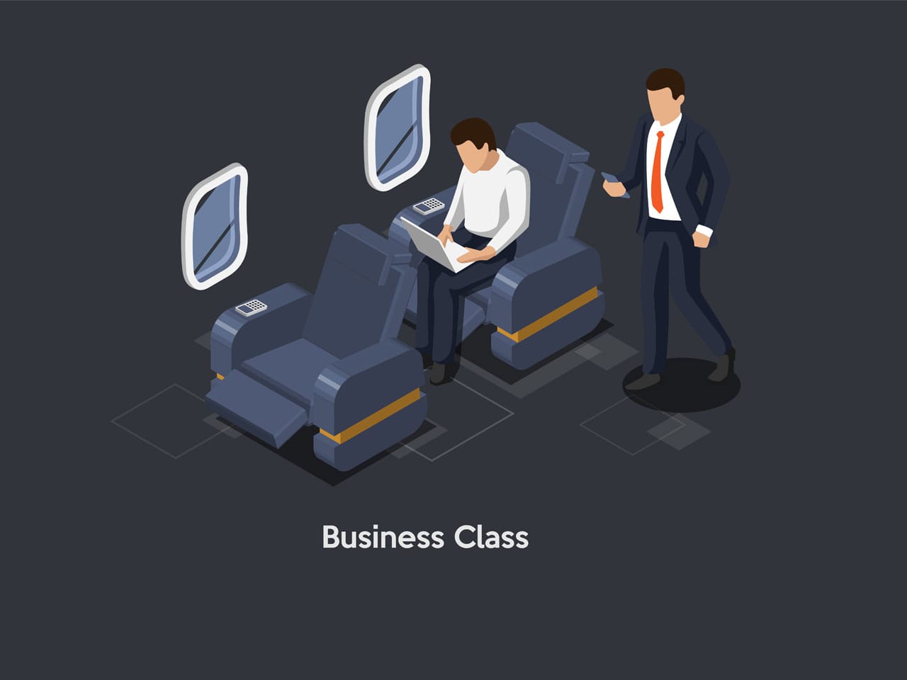 Isometric illustration cartoon 3d style composition dark background business class aeroplane trip concept plane inside two characters passengers wearing business suits cosy chairs