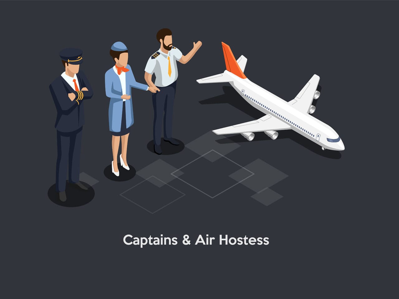 Isometric illustration cartoon 3d style composition dark background captains air hostess standing together airplane near infographics writing flight aircraft concept