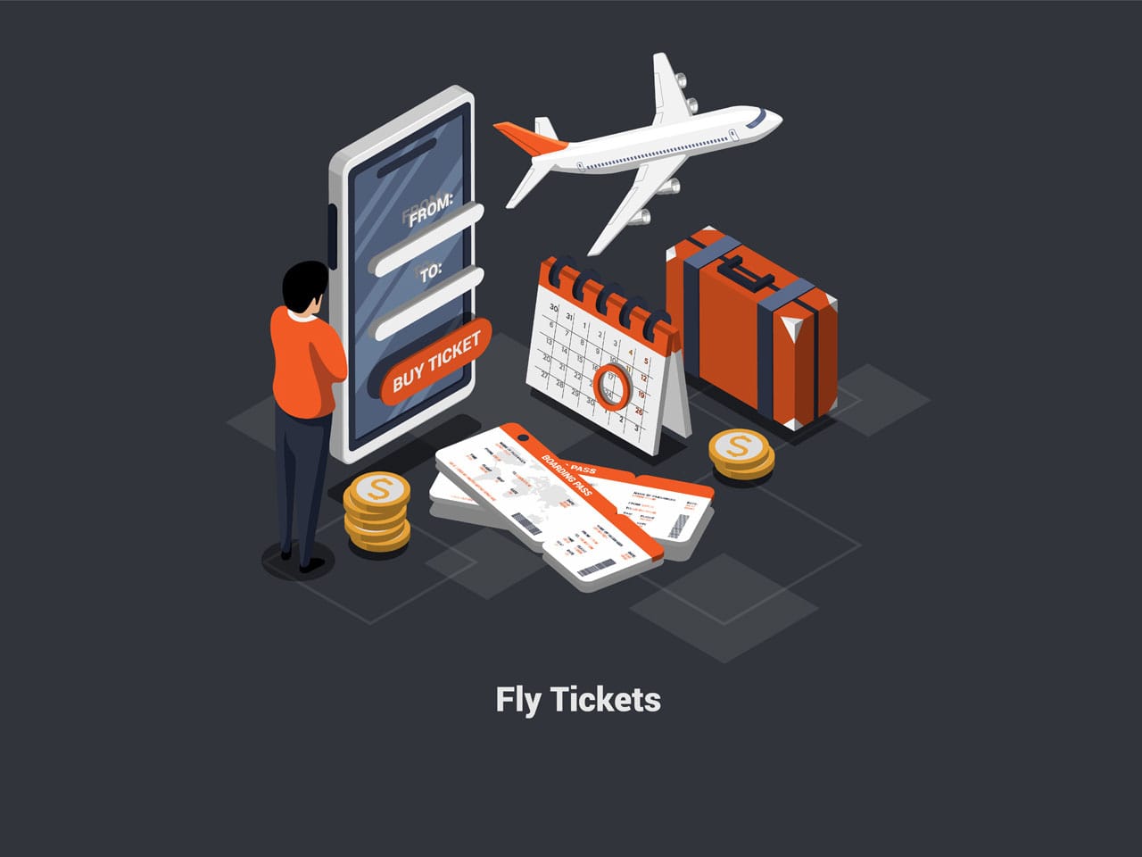 Online buying fly tickets traveling by plane concept man buying tickets using mobile app smartphone character getting boarding pass checkin luggage isometric 3d cartoon illustration