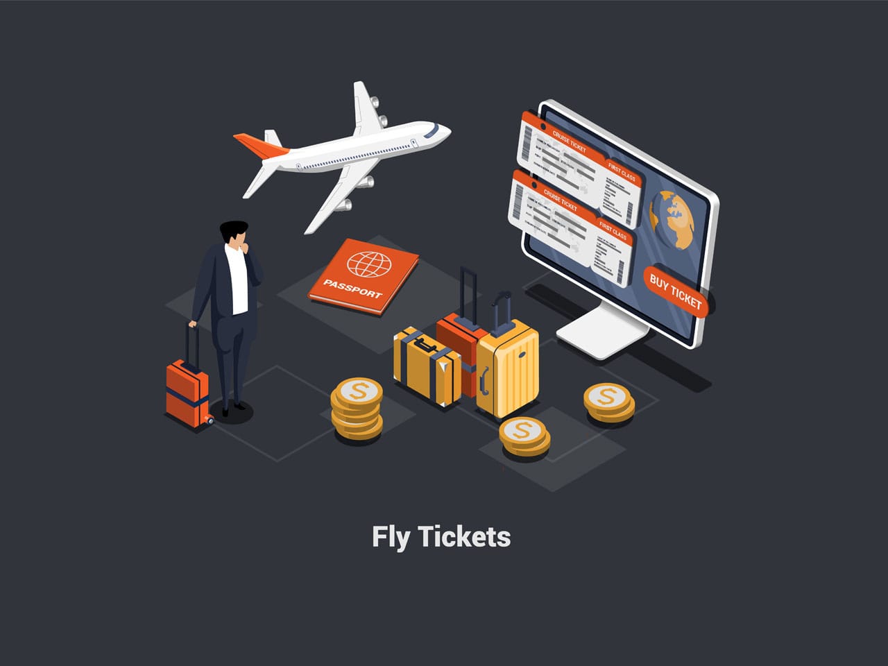 Online buying fly tickets with app traveling by plane concept business man waiting departure airport character getting boarding pass checkin luggage isometric 3d illustration