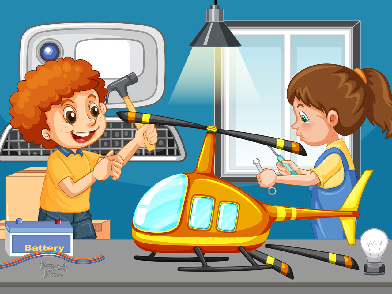 Scene with children repairing toy helicopter together
