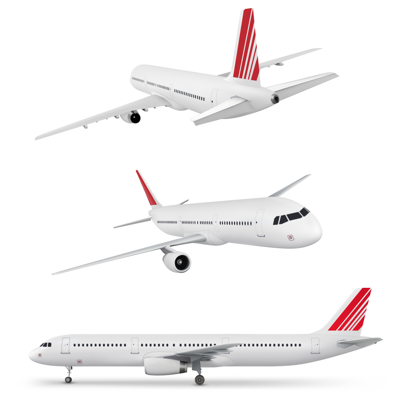 Set airplanes isolated white background realistic illustration