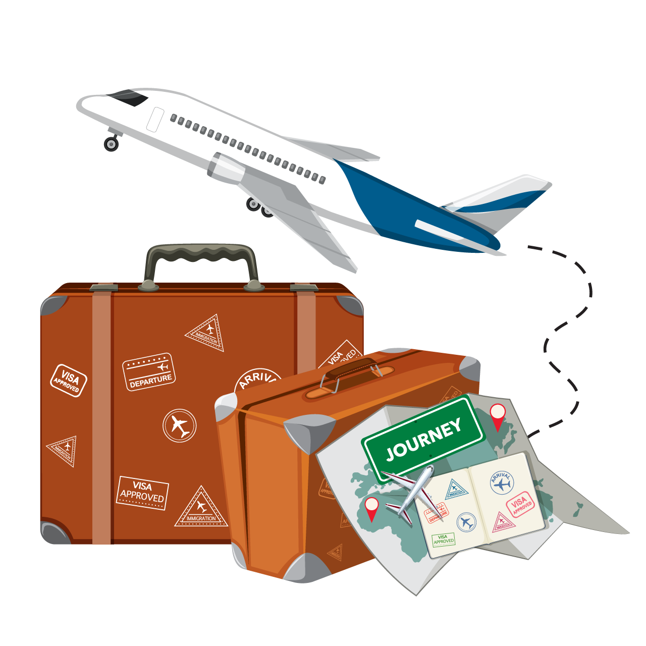 Travelling objects with aeroplane white background