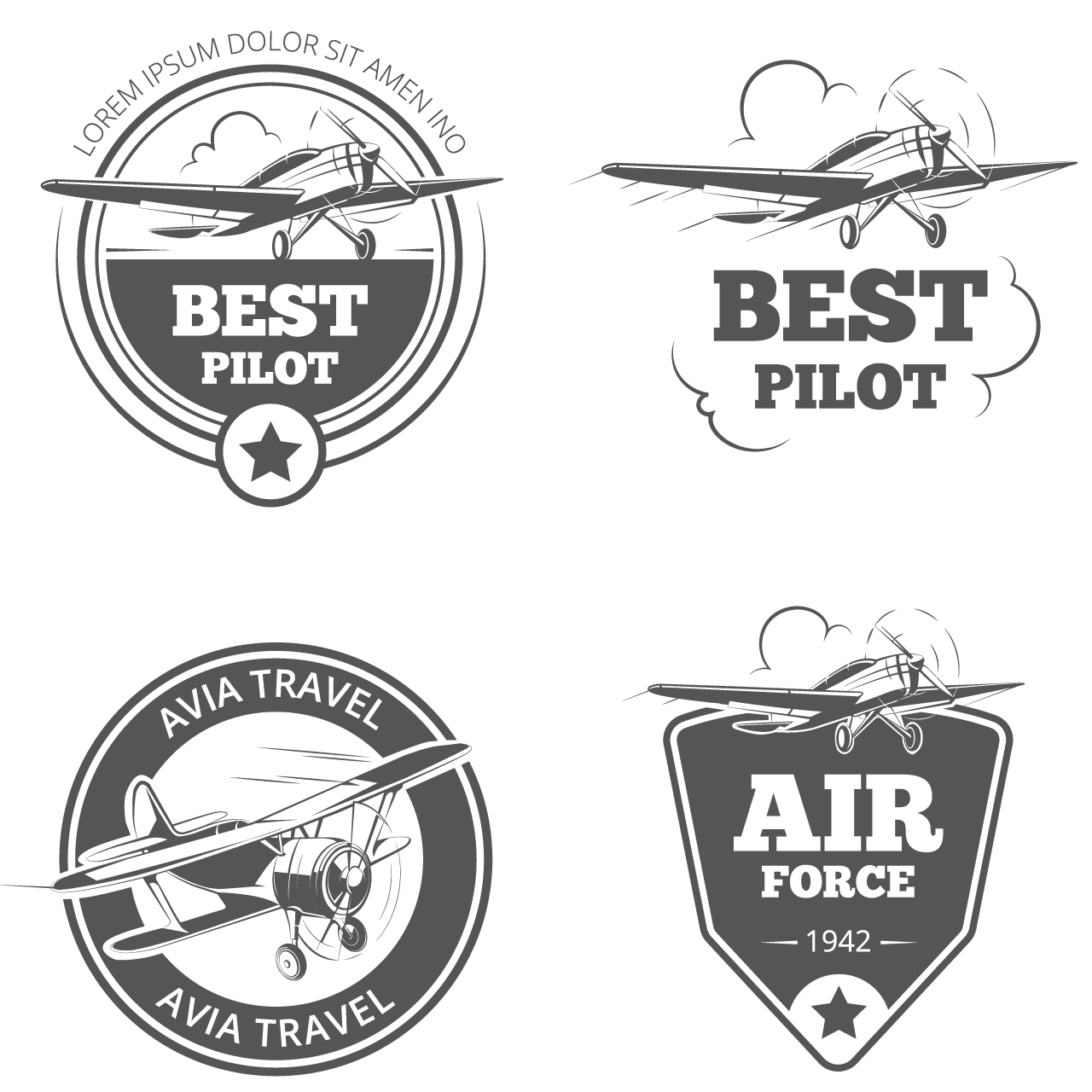 Vintage biplane monoplane emblems set aeroplane aircraft logos aviation logo flight travel illustration