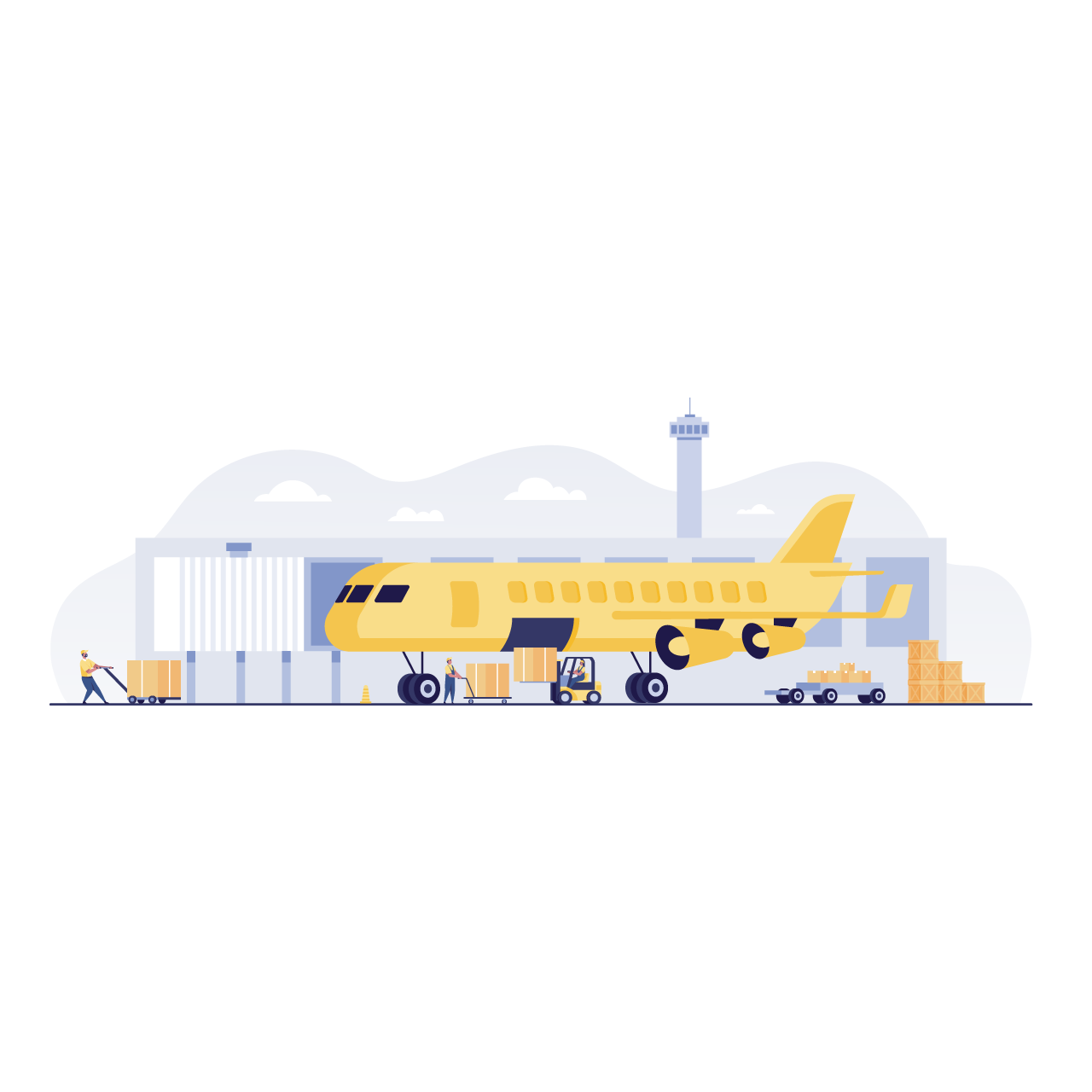 Yellow airplane colored people working flat illustration