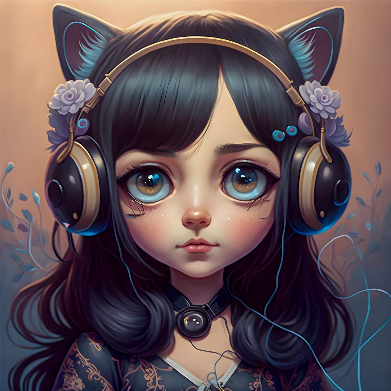 Cute kawaii anime brunette girl wearing headphones hand drawing sketch