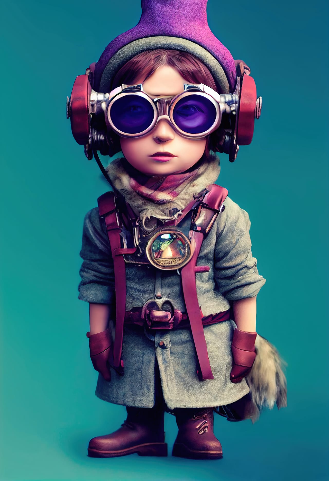 Funny little gnome with purple hair steampunk glasses concept fairy tale characters