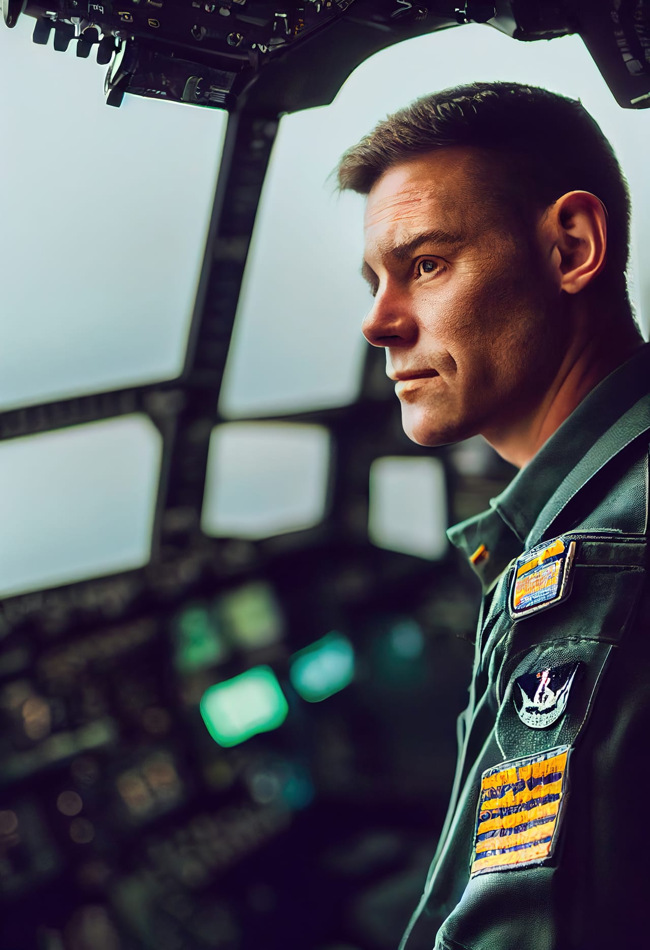 Military fighter pilot cockpit his plane wearing helmet goggles