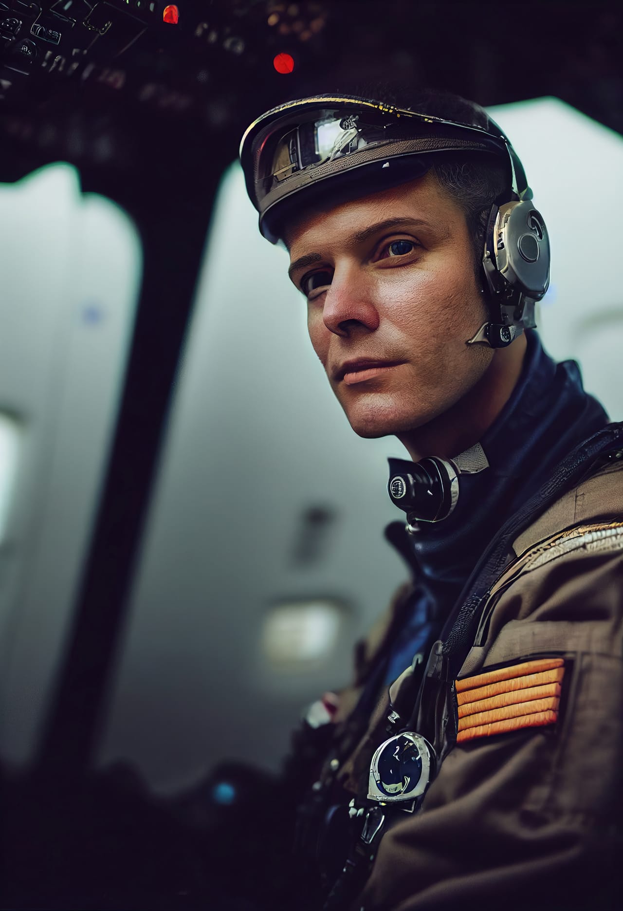 Military fighter pilot cockpit his plane wearing helmet