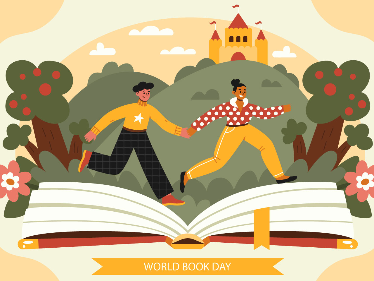 Flat world book day hand drawing cartoon illustration image