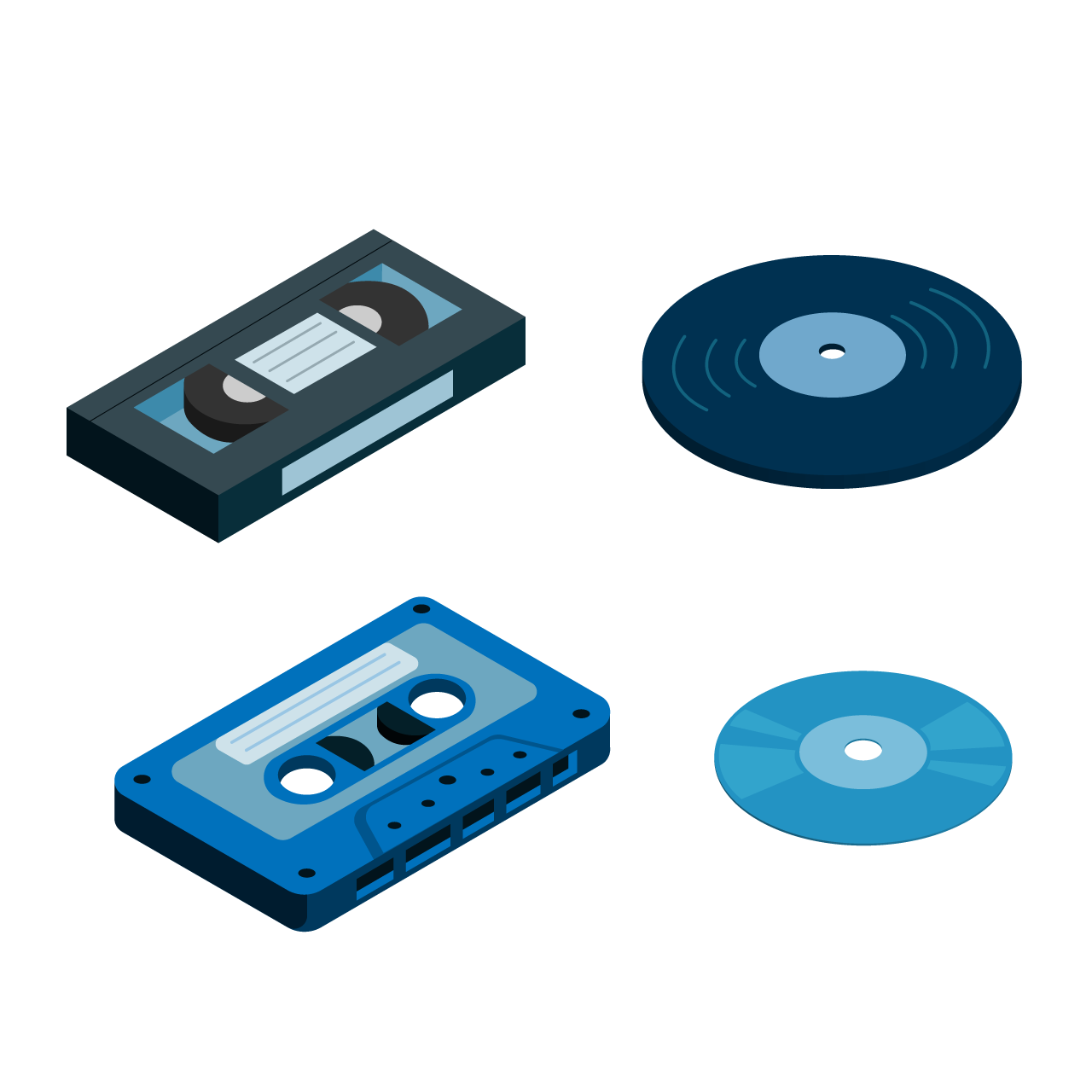 Music movie media vhs tape cassete CD vinyl collection set illustration isometric