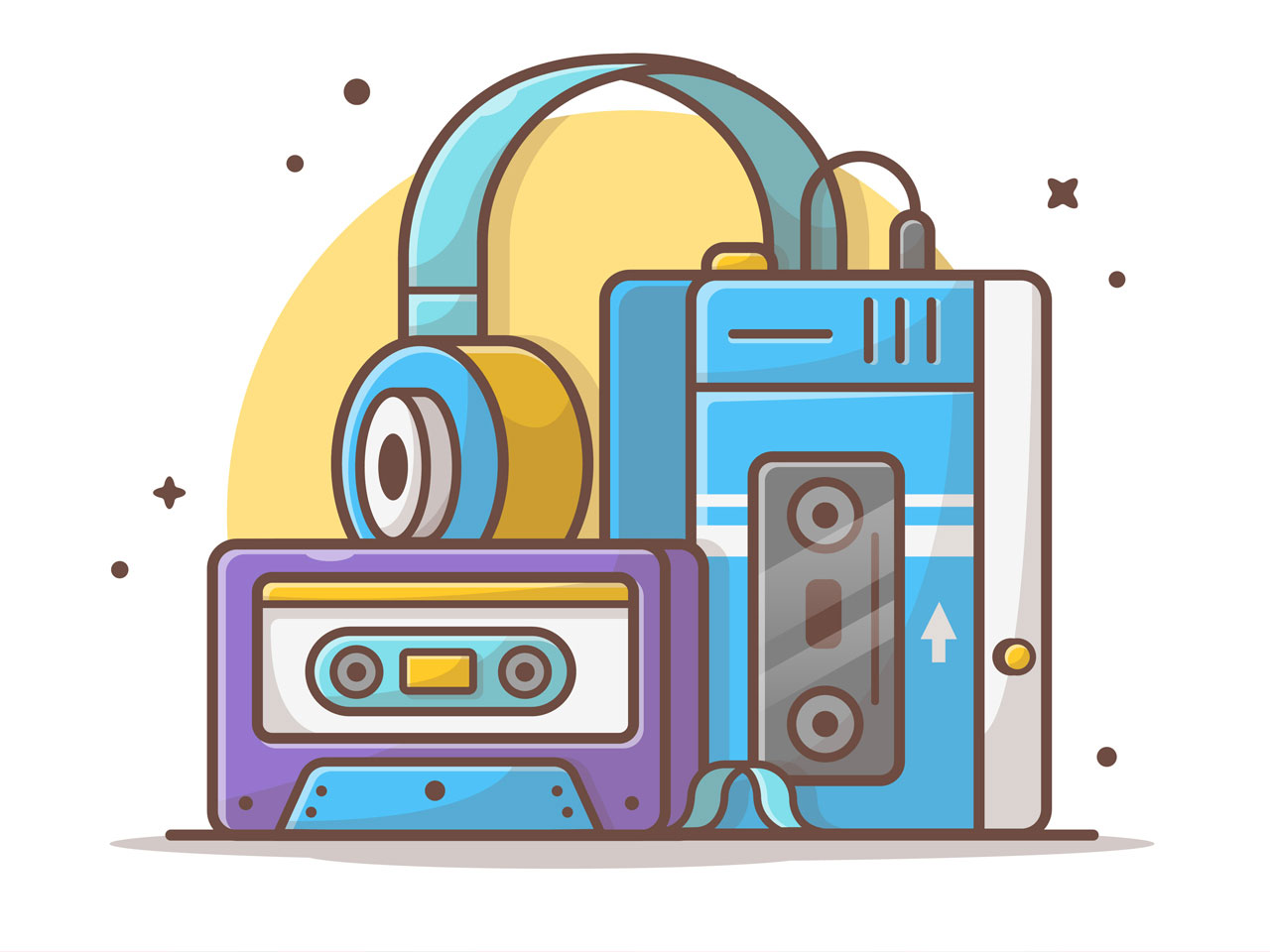 Old music player with cassette headphone music icon illustration retro vintage player technology music icon concept white isolated