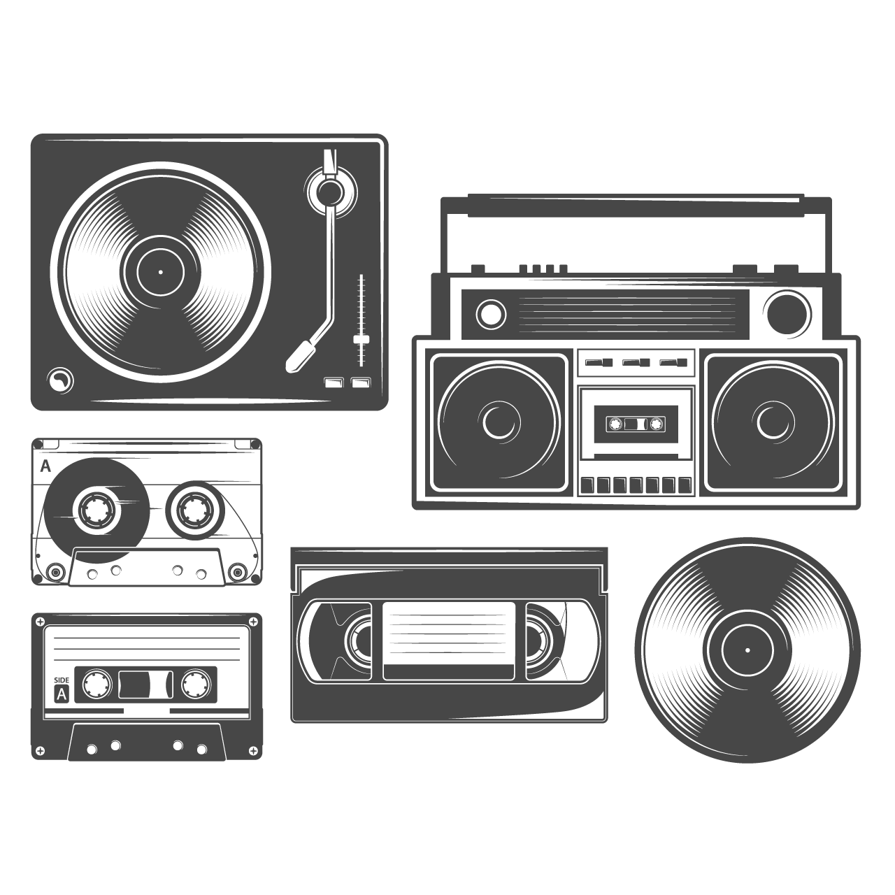 Set cassete vinyl recorders players icons cartoon illustration image