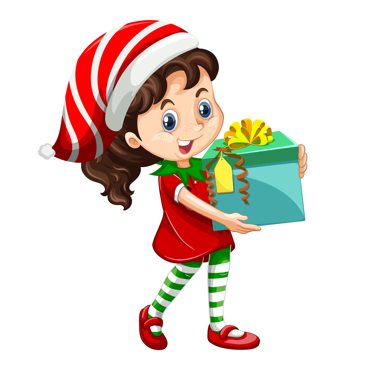 Cute girl wearing christmas costumes cartoon character holding gift box