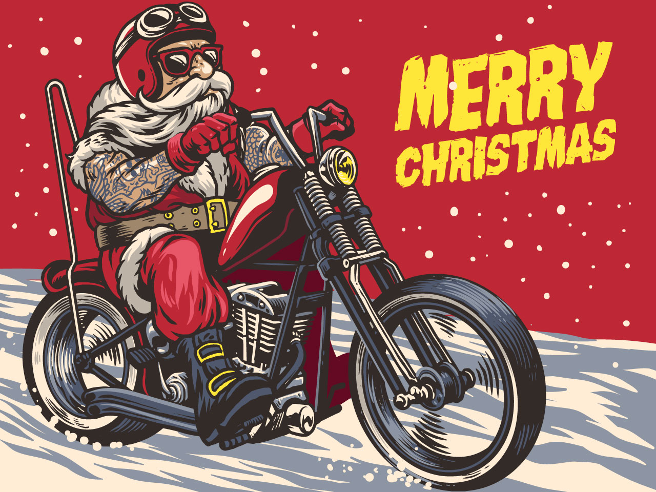 Hand drawn santa claus riding chopper motorcycle clipart image