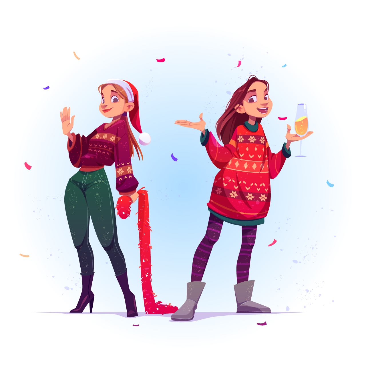 Young women ugly sweaters celebrate christmas new year cartoon clipart