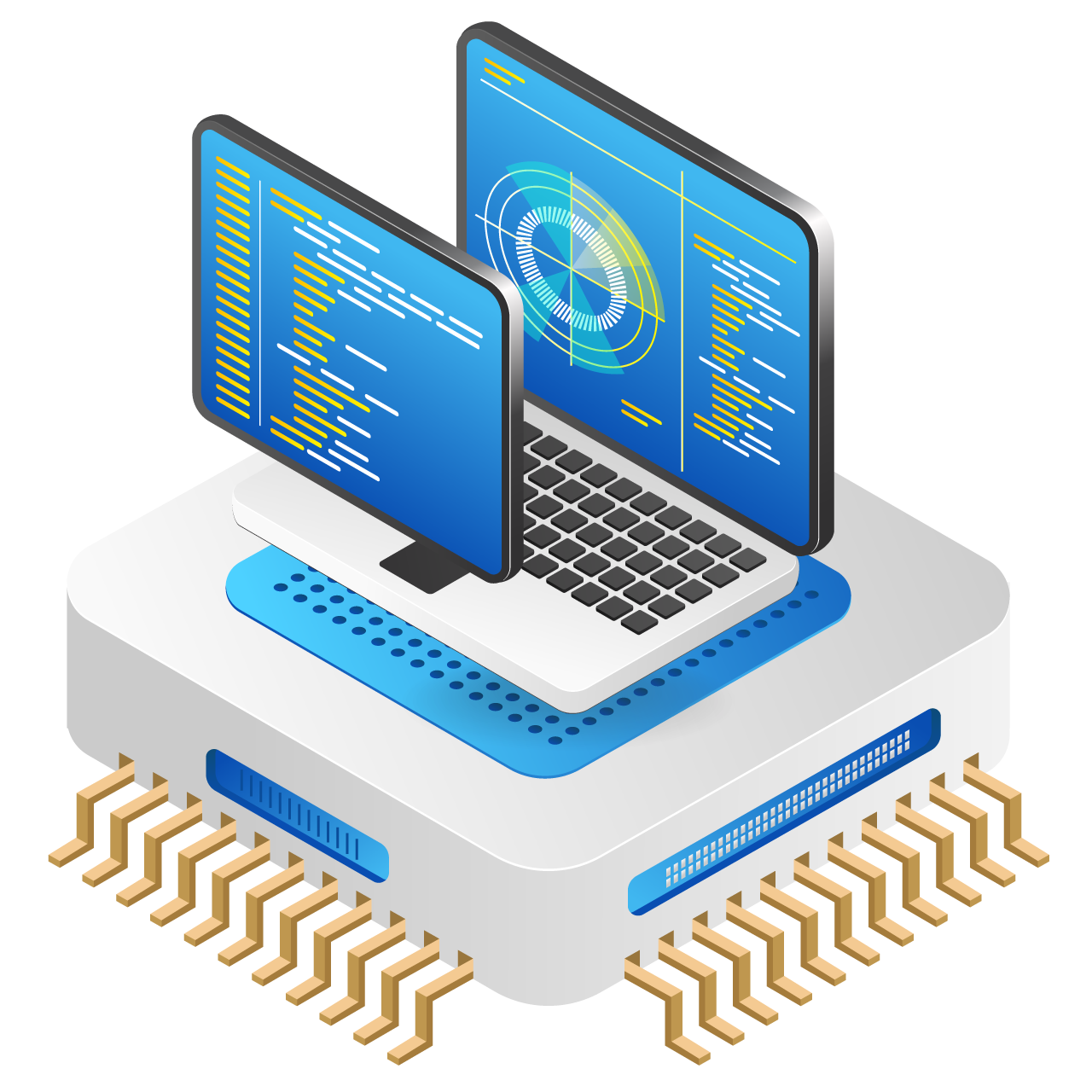 Flat isometric 3d illustration concept monitoring radar data chip program cartoon image