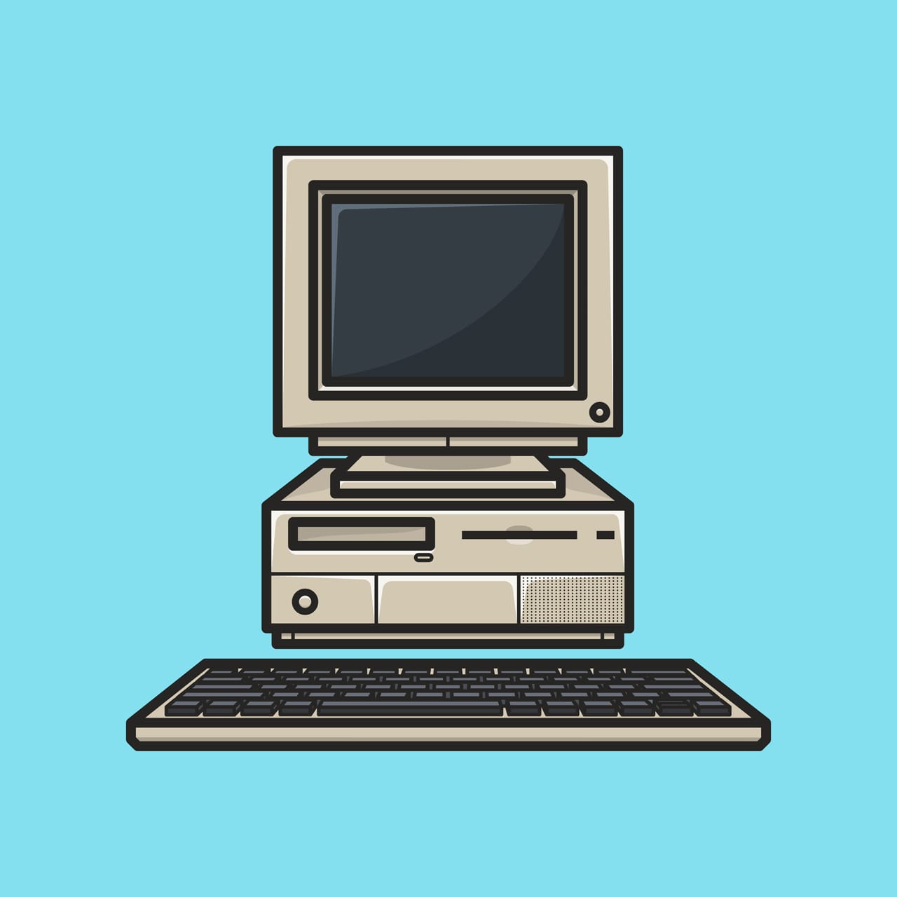 Front view realistic computer monitor CPU with keyboard illustration isolated