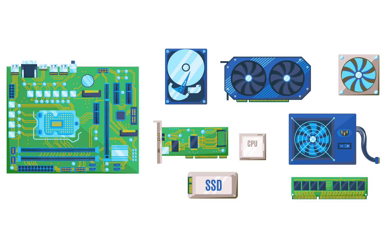 Pc components computer case with electronic hardware parts