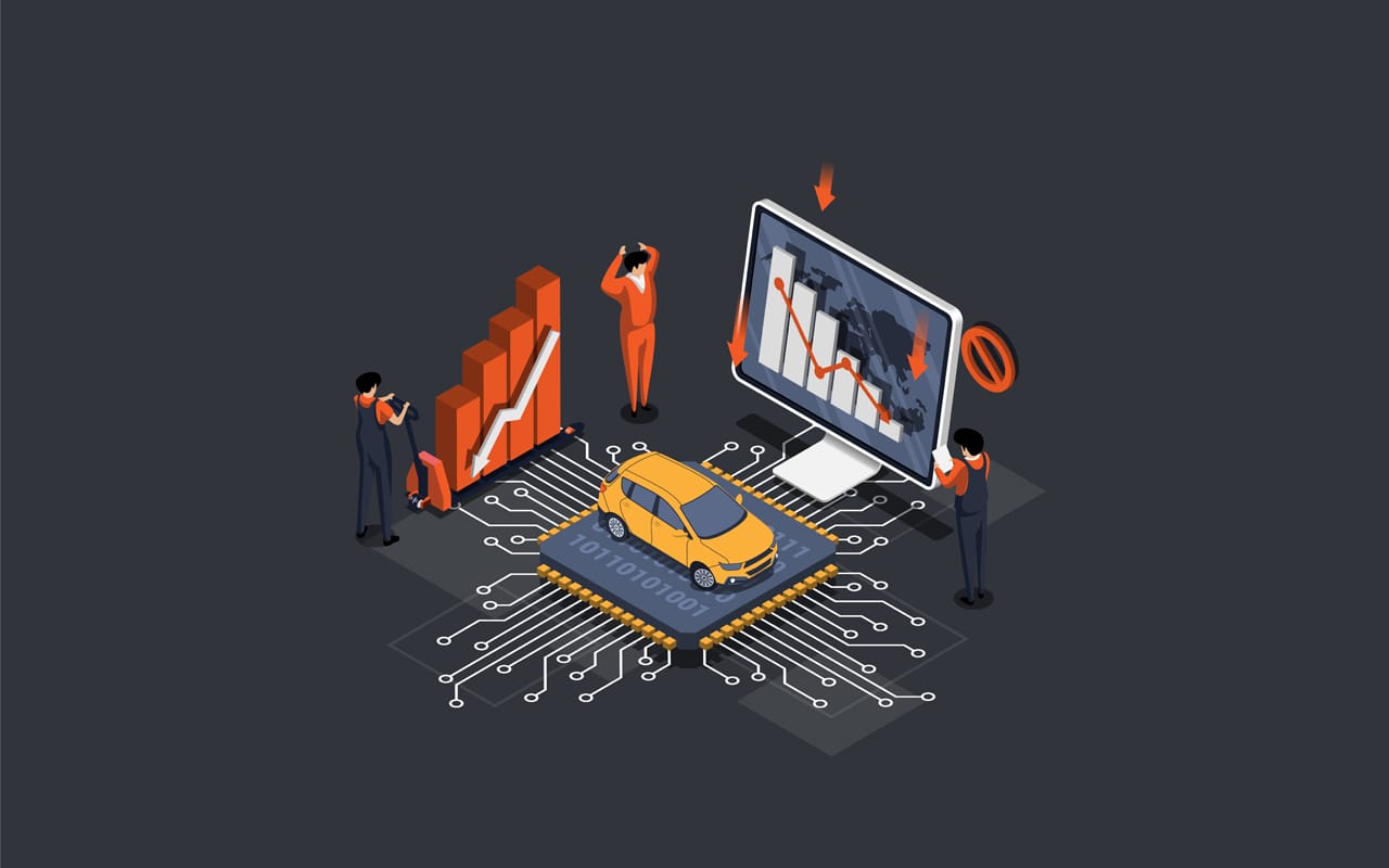 Semiconductor crisis economy crisis microchips deficit electric cars electronic circuit with microcontroller board