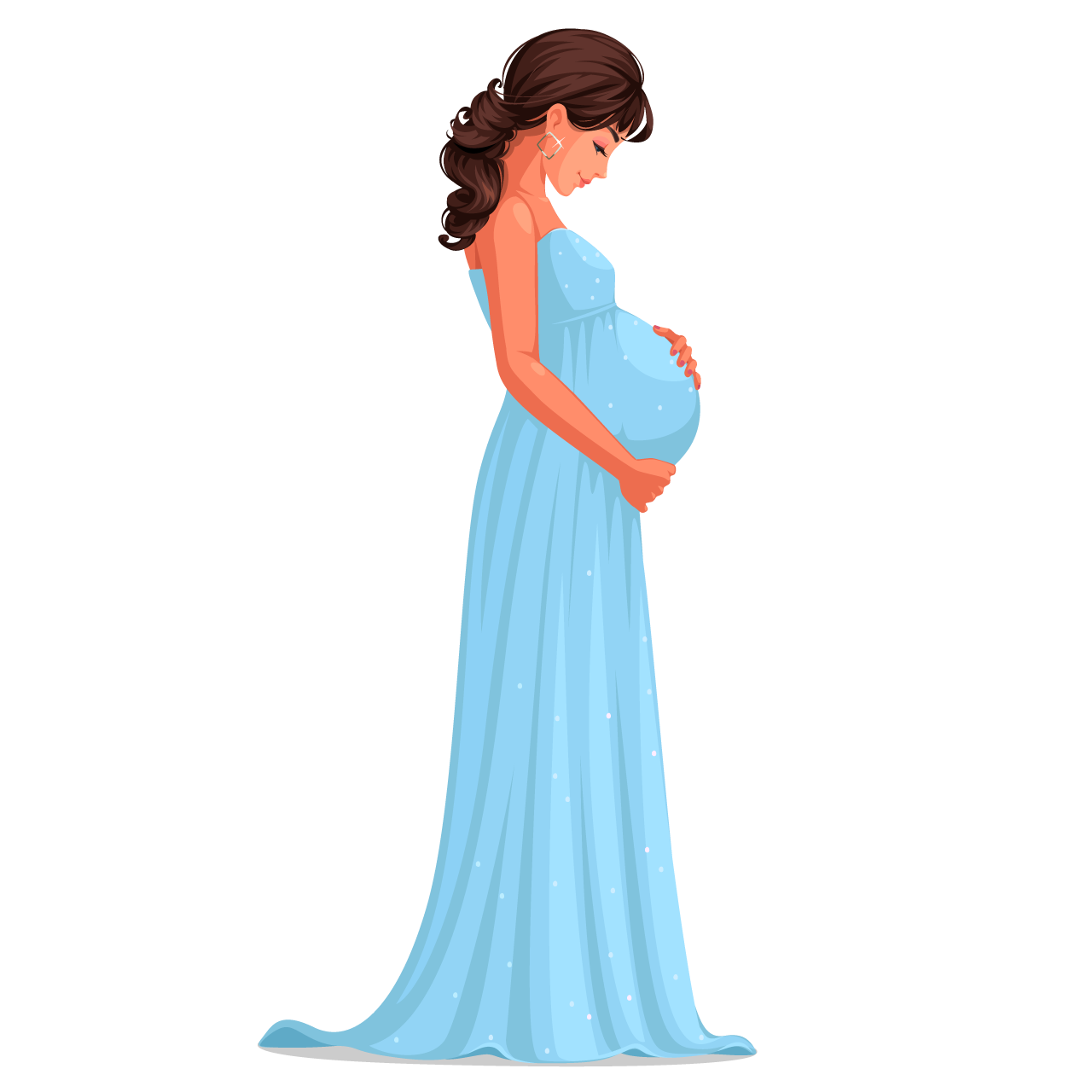 Pregnant female wearing long sky blue dress holding her belly