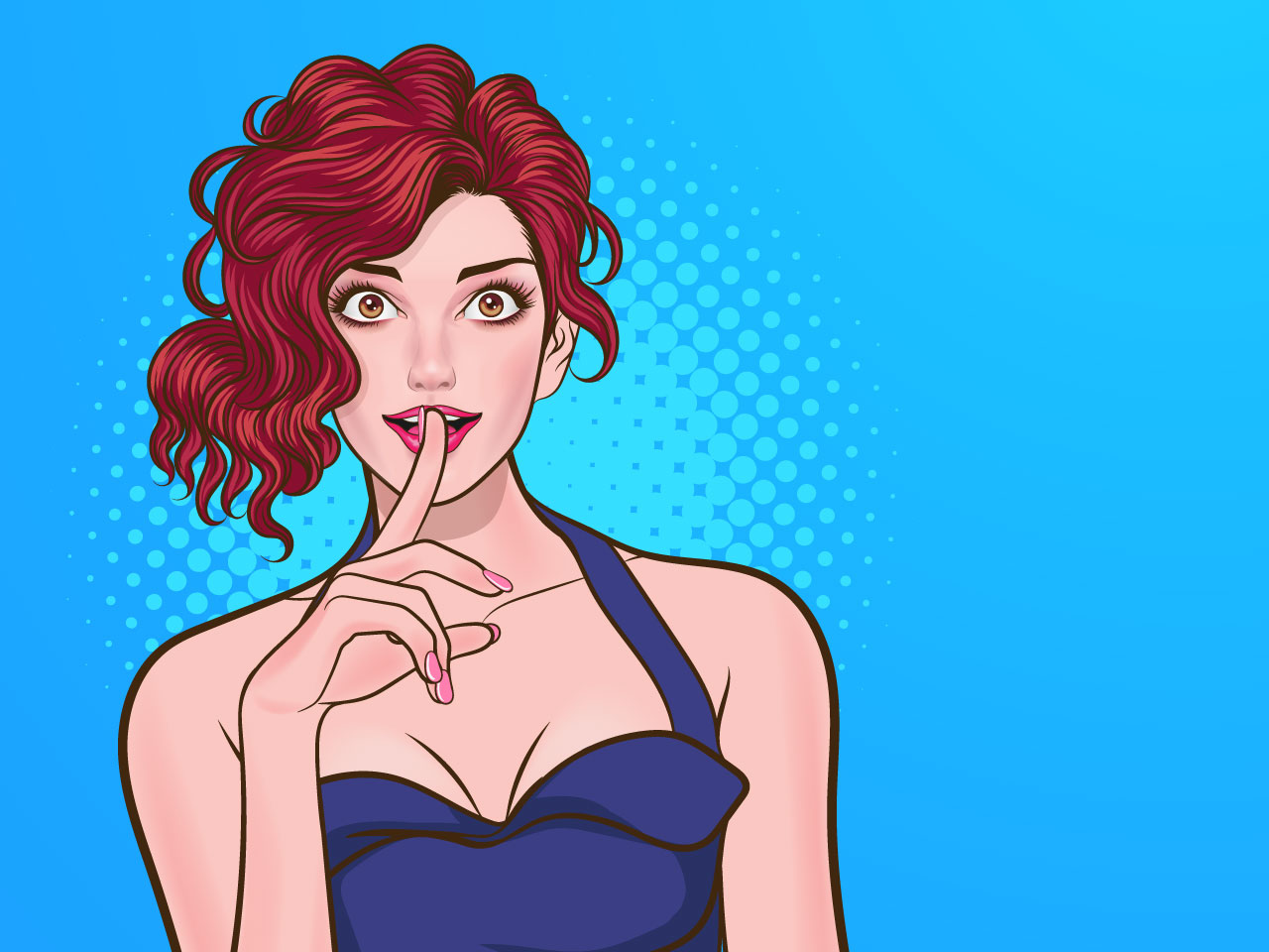 Smile woman with finger lips silence gesture pop art comic style female cartoon clipart