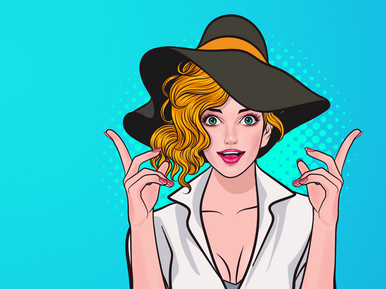 Smiling woman with big hat looking pointing up pop art comics style cartoon female clipart