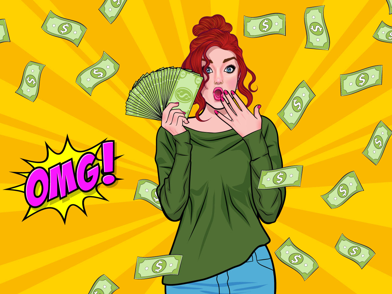 Surprise business woman successful shocking with falling money say wow pop art retro comic clipart image