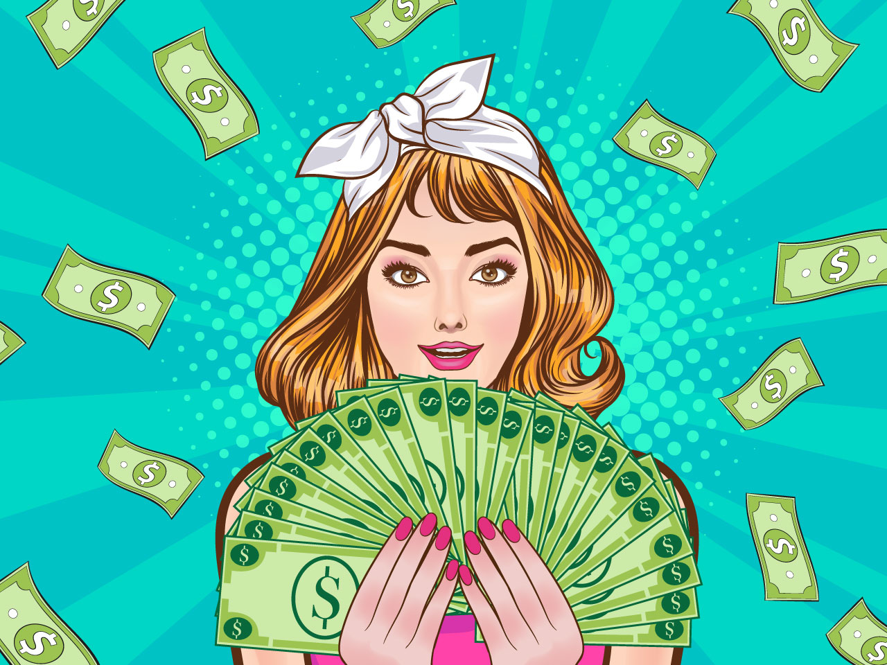 Surprise business woman successful shocking with falling money say wow pop art retro comic style female clipart image