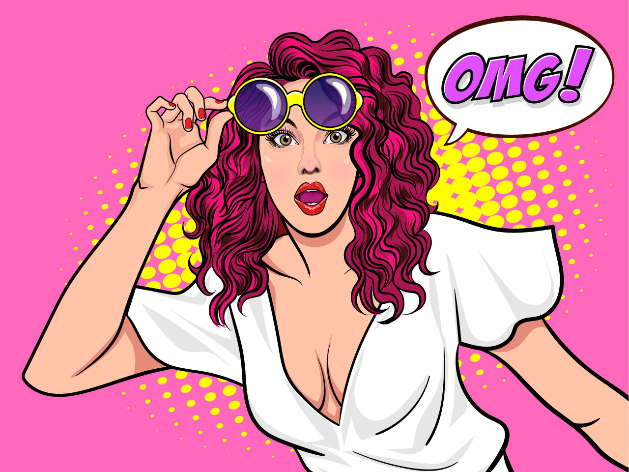Surprised woman looking out eyeglasses say omg pop art retro comic style cartoon female clipart