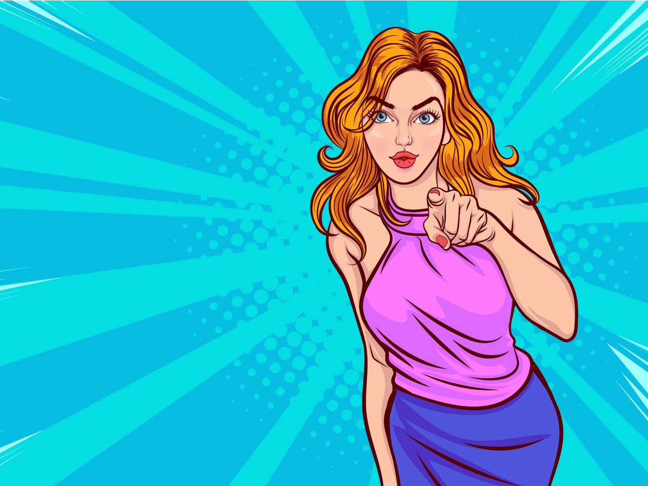 Woman finger pointing call attract attention girl expressing interest pop art comic style clipart image