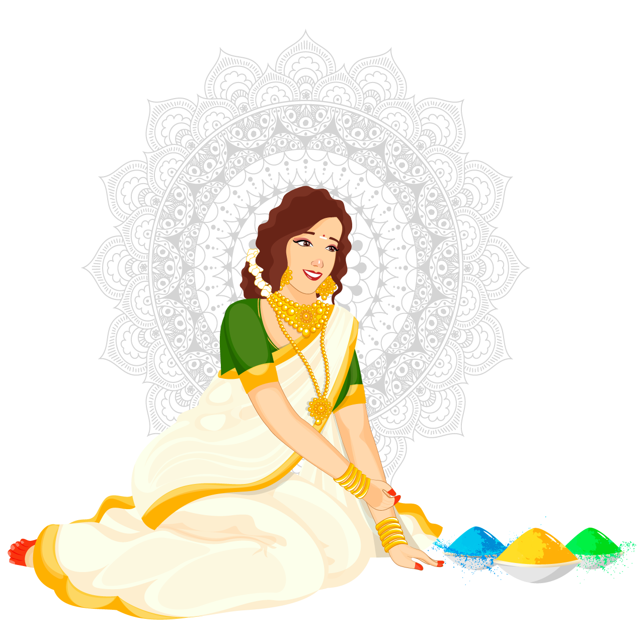 Beautiful indian woman sitting pose with color bowls mandala pattern background