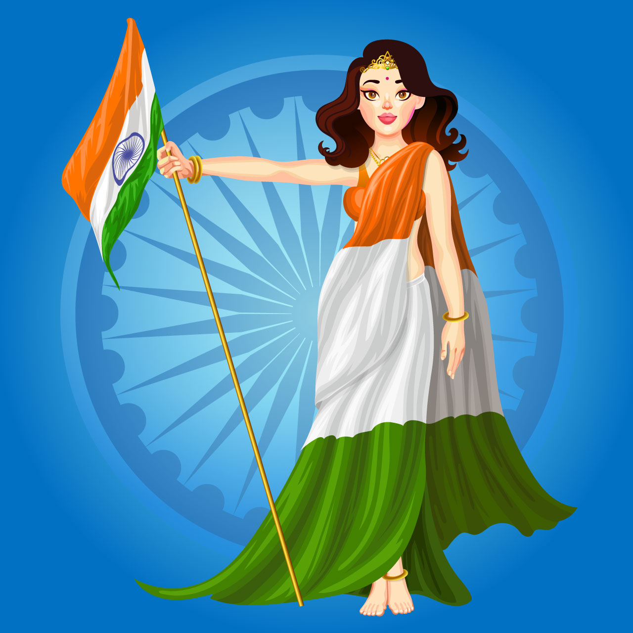 India flag girl holding indian flag poster hand drawing sketch
