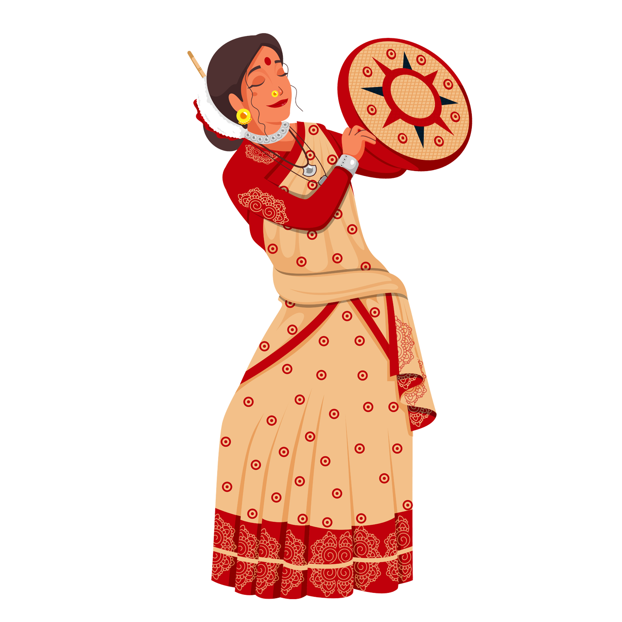 Indian flag clipart hand drawing sketch beautiful young woman holding tambourine dafli assam traditional attire