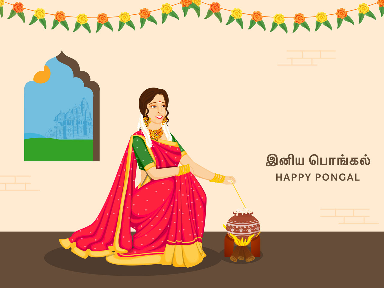 Indian flag clipart tamil lettering happy pongal with beautiful south indian woman stirring rice mud pot firewood floral garland