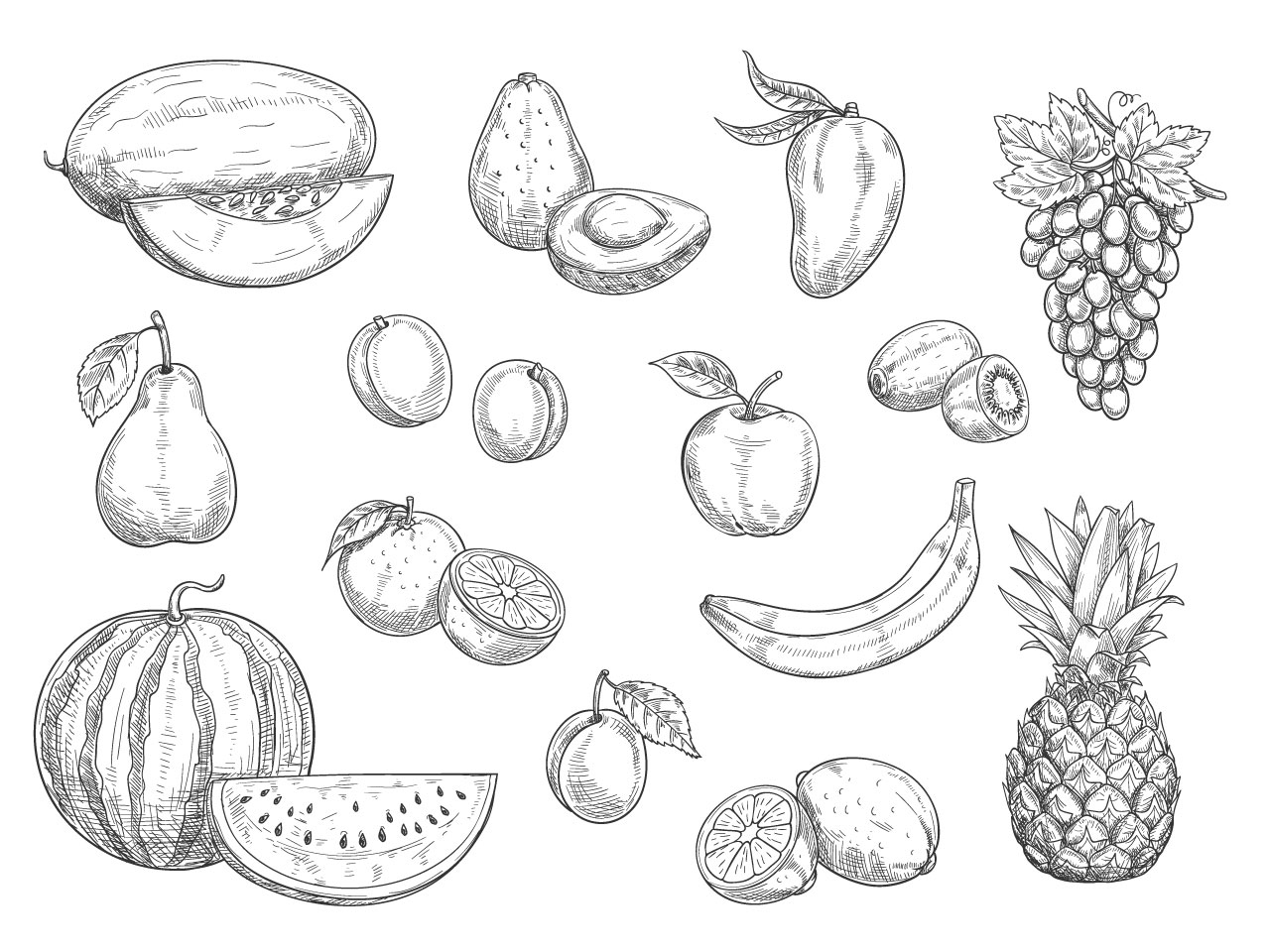 Mango clipart black and white fruit isolated sketch set food juice design