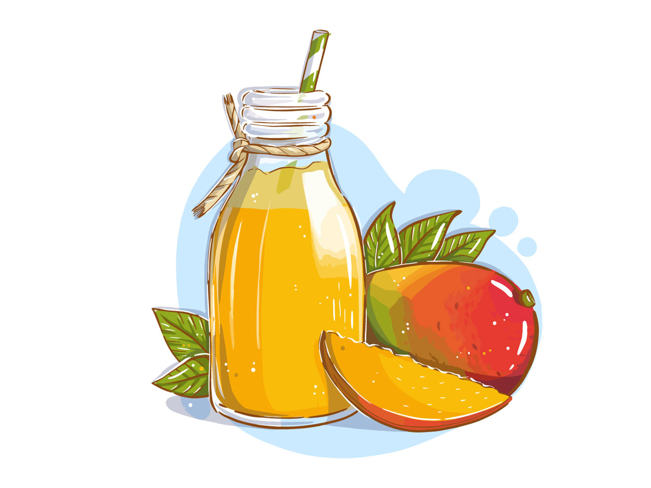 Mango juice glass bottle with straw mango fruits cartoon