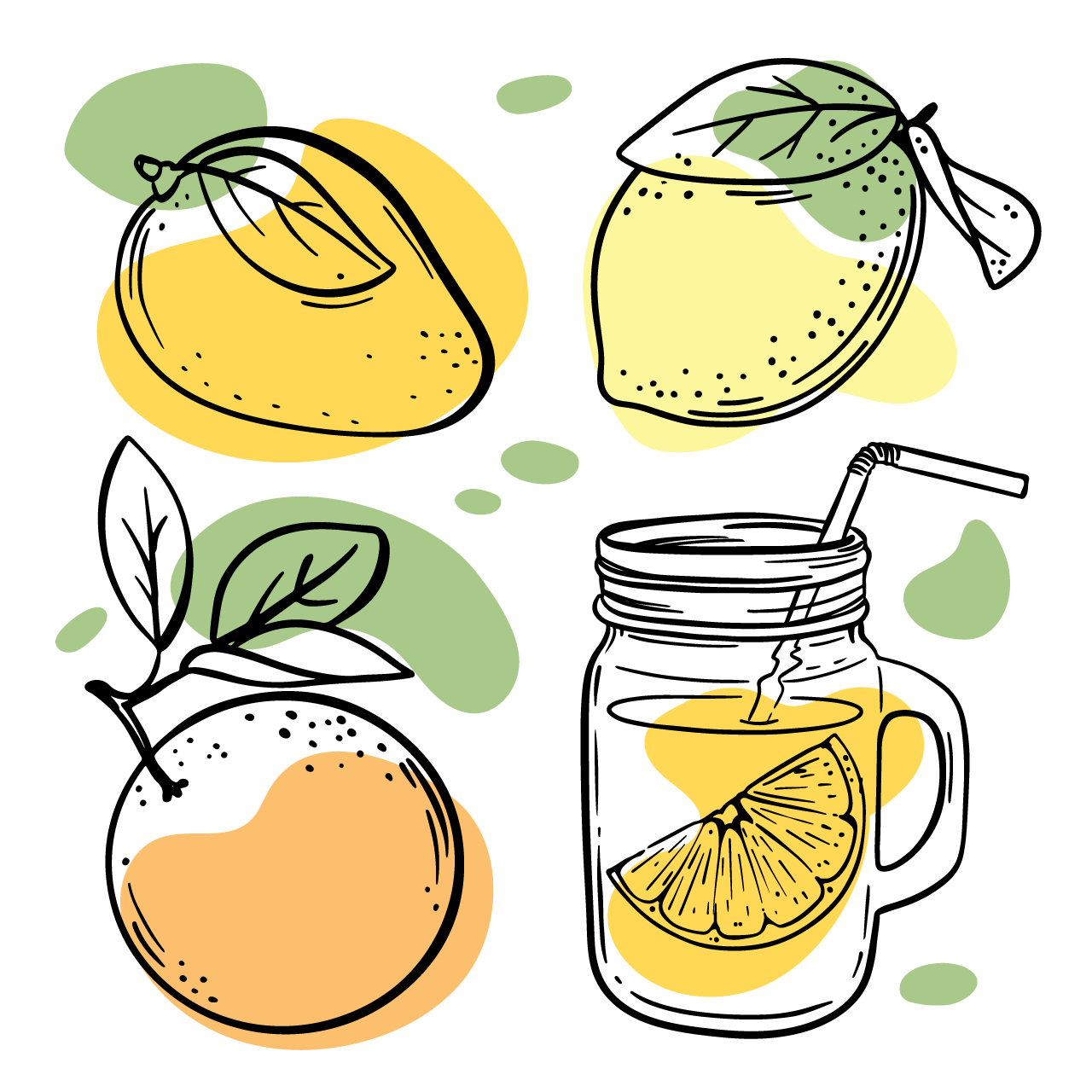Multi fruits sketches with pastel orange yellow green color splashes illustrations